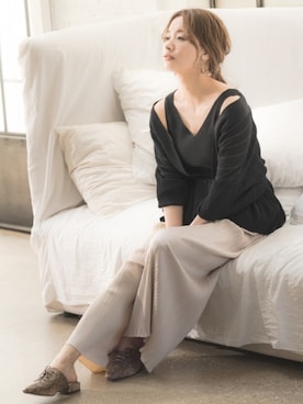 「mysty woman（ミスティウーマン）のツインニットカーデ×タンク 911849（カーディガン/ボレロ、ブラック系）」を使った、mystywoman_officialさん（レディース・166cm）の夏コーディネート