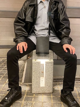 「韓国コーデ」｜「アイテム（ライダースジャケット）」を使った、ゆうさん（メンズ・164cm）の冬コーディネート