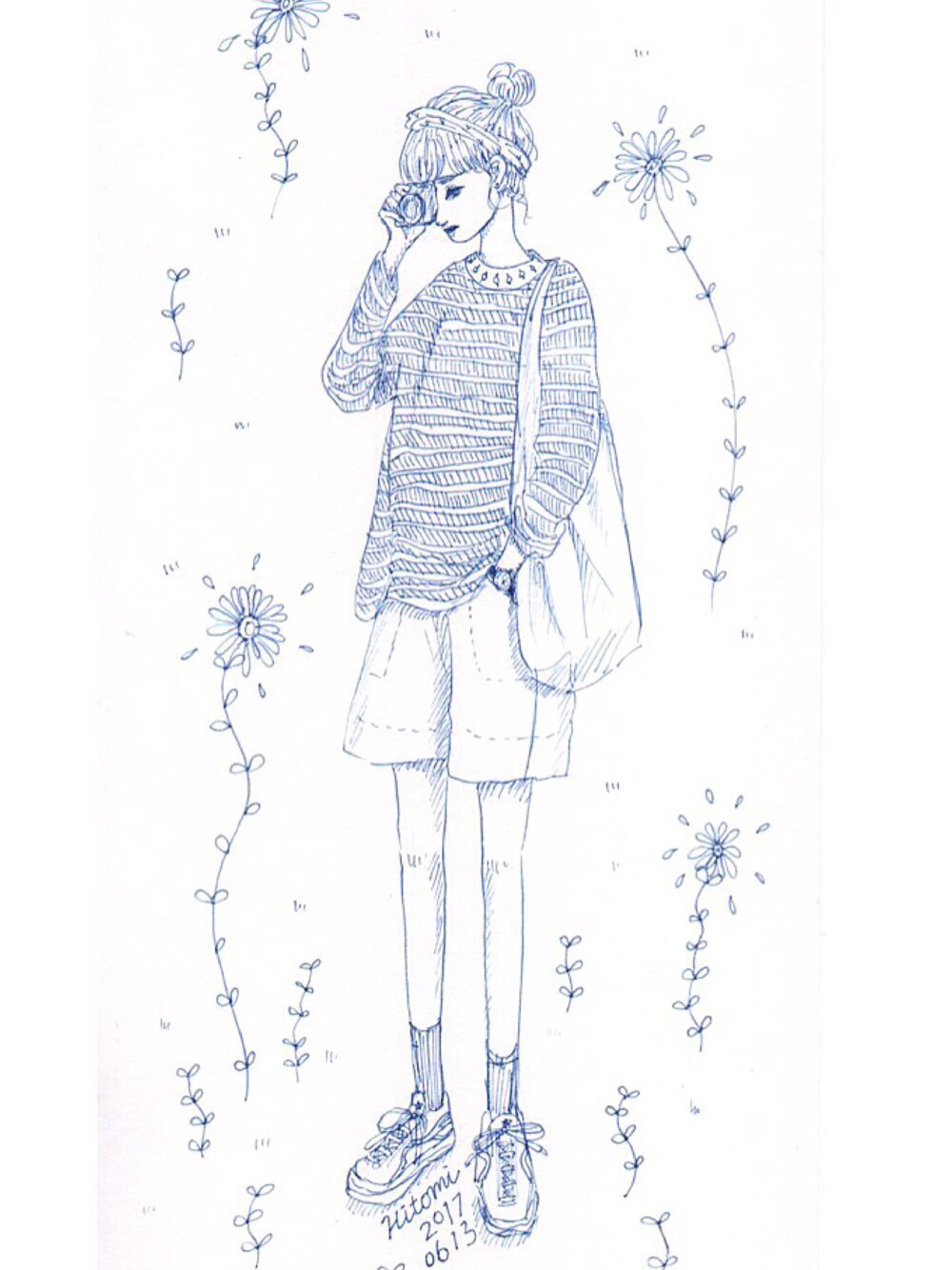 「イラスト、韓国ファッション、ヘアバンド、カメラ女子、ボーダー、ショートパンツ、靴下、スニーカー、instagram、ナチュラル」｜「@ji__silverのアイテム（その他、その他）」を使った、Hitomiさん（レディース・153cm）の夏コーディネートの1枚目の写真