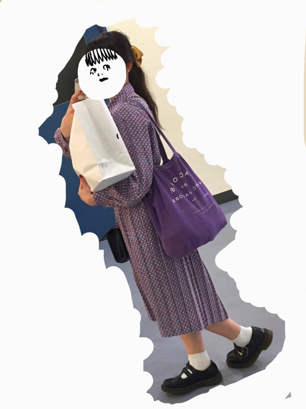 「古着、ワンピース、リボン、ポニーテール、マーチン、used、purple、プリーツ」｜「Marc by Marc Jacobsのアイテム（トートバッグ、パープル系）」を使った、Hitomiさん（レディース・153cm）の夏コーディネートの1枚目の写真