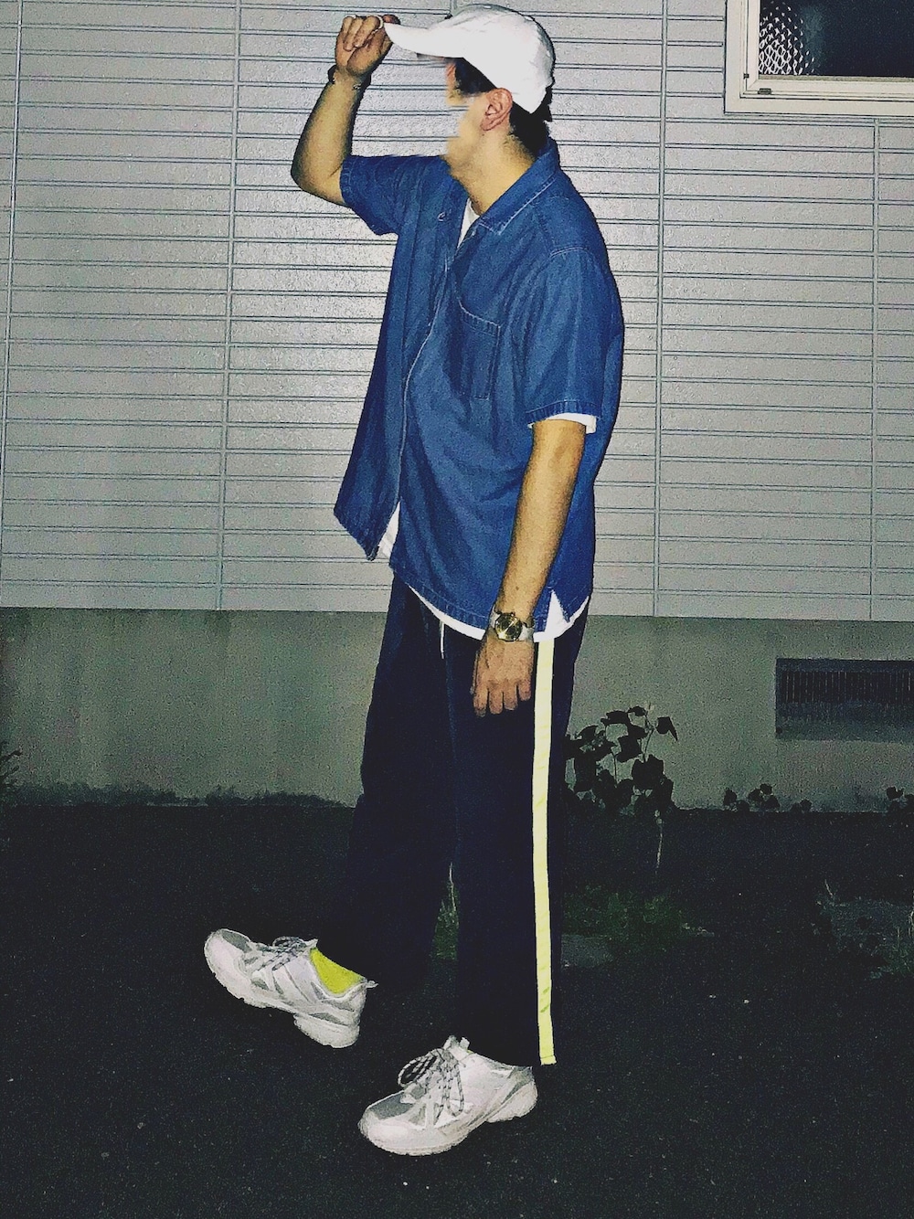 「おしゃれさんと繋がりたい、古着好きな人と繋がりたい、ootd、NIKE、DENIMshirts、goodon、LEE、dunlop、ラインパンツ、古着リメイク」｜「NIKEのアイテム（キャップ、ホワイト系）」を使った、kさん（メンズ・172cm）の夏コーディネートの1枚目の写真