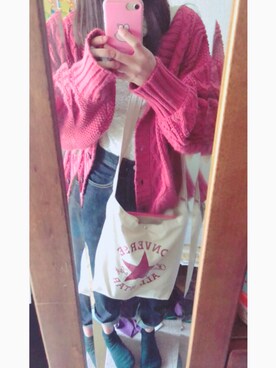 「w closet（ダブルクローゼット）の3Gケーブル編みカーディガン_（カーディガン/ボレロ、ピンク系）」を使った、ゆちょさん（レディース・165cm）の秋コーディネート