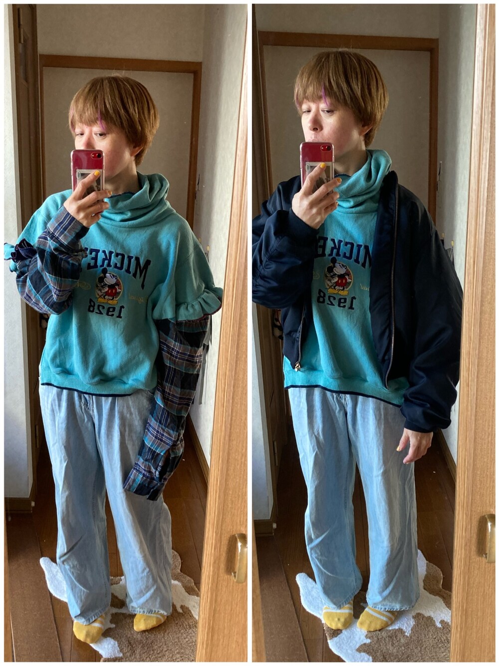 ブルー系のトップス、ブルー系のデニムパンツ、ブラック系のMA-1を着用したレディースの冬コーディネートの1枚目の写真