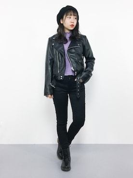 「ラメ」｜「アイテム（ライダースジャケット）」を使った、エル 🍒さん（レディース・157cm）の秋コーディネート