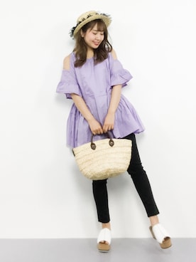 「オープンショルダー」｜「アイテム（帽子）」を使った、エル 🍒さん（レディース・157cm）の春コーディネート