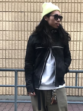「大阪」｜「アイテム（ライダースジャケット）」を使った、AOKIFLASH‼︎!さん（メンズ・166cm）の冬コーディネート