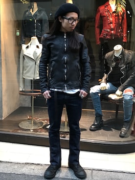 「大阪」｜「アイテム（ライダースジャケット）」を使った、AOKIFLASH‼︎!さん（メンズ・166cm）の冬コーディネート