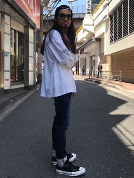 「袖プリント」｜「アイテム（キャップ）」を使った、AOKIFLASH‼︎!さん（メンズ・166cm）の夏コーディネート
