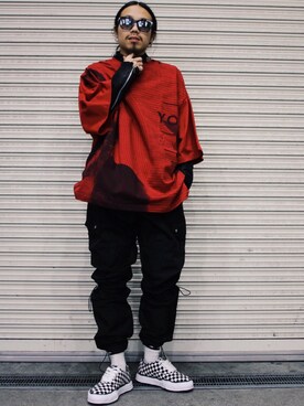 「レッド」｜「アイテム（ライダースジャケット）」を使った、AOKIFLASH‼︎!さん（メンズ・166cm）の冬コーディネート