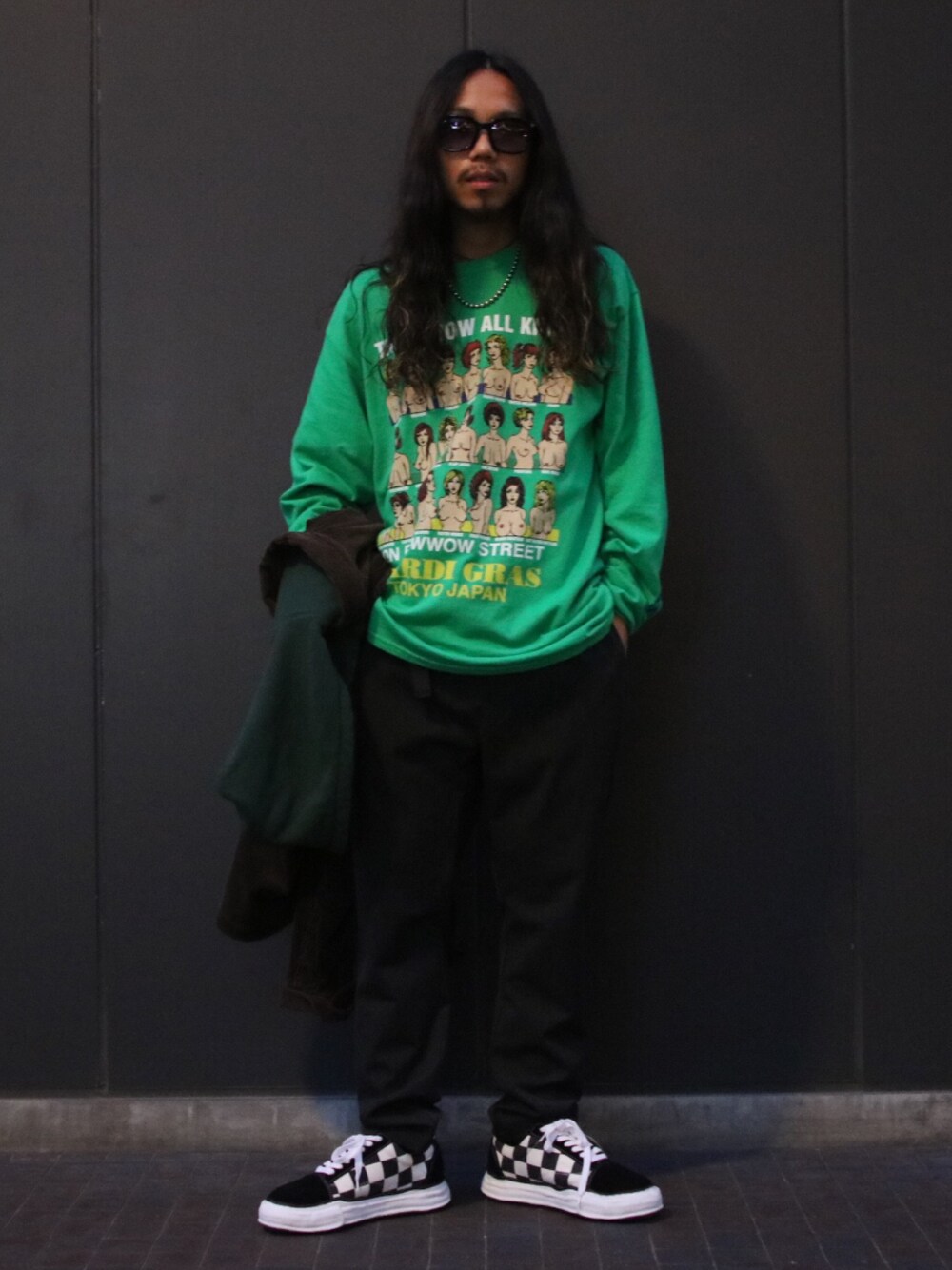 「秋冬コーデ、オトナカジュアル、bowwow、SUPERTHANKS、MIHARAYASUHIRO、チェッカーフラッグ、グリーン、おっぱい、ROYAL FLASH、ストリート」｜「BOW WOWのアイテム（トップス、グリーン系）」を使った、AOKIFLASH‼︎!さん（メンズ・166cm）の夏コーディネートの1枚目の写真