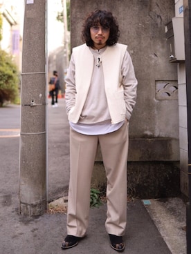 「URU（ウル）のアイテム（ベスト）」を使った、AOKIFLASH‼︎!さん（メンズ・166cm）の春コーディネート