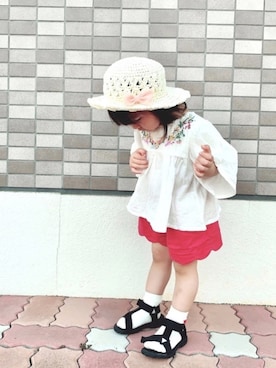 「アイテム（チノパンツ、オレンジ系）」を使った、❁Runa❁さん（キッズ・80cm）の夏コーディネート
