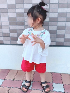 「アイテム（チノパンツ、オレンジ系）」を使った、❁Runa❁さん（キッズ・74cm）の夏コーディネート