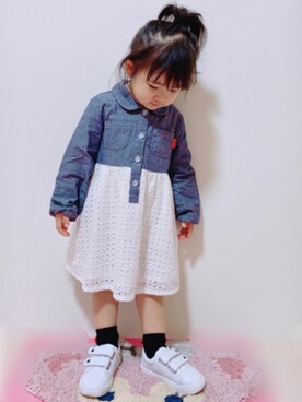 「Moujonjon（ムージョンジョン）のアイテム（シャツワンピース）」を使った、❁Runa❁さん（キッズ・90cm）の秋コーディネート