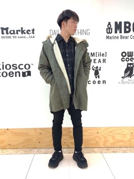 「coen（コーエン）のアイテム（モッズコート）」を使った、coen ひぐちさん（メンズ・177cm）の秋コーディネート