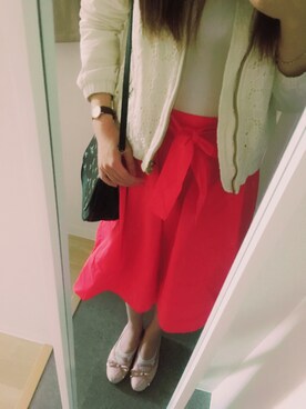 「31 Sons de mode（トランテアン　ソン　ドゥ　モード）のウエストリボンイエギュラーヘムスカート（スカート、オレンジ系）」を使った、ルイズさん（レディース・154cm）の春コーディネート