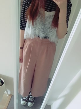 「INGNI（イング）のベルト付ＰＥツイルスカンツ/レディースパンツ-2017ＳＳ-（その他パンツ、ベージュ系）」を使った、ルイズさん（レディース・154cm）の夏コーディネート