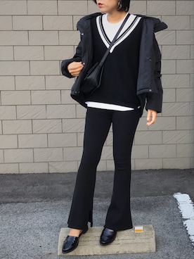 「ラインニット」｜「アイテム（その他アウター）」を使った、tamiさん（レディース・159cm）の冬コーディネート