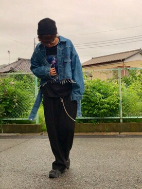 「グラフィックＴ」｜「アイテム（デニムジャケット）」を使った、クリワキタカヒロさん（メンズ・172cm）の夏コーディネート