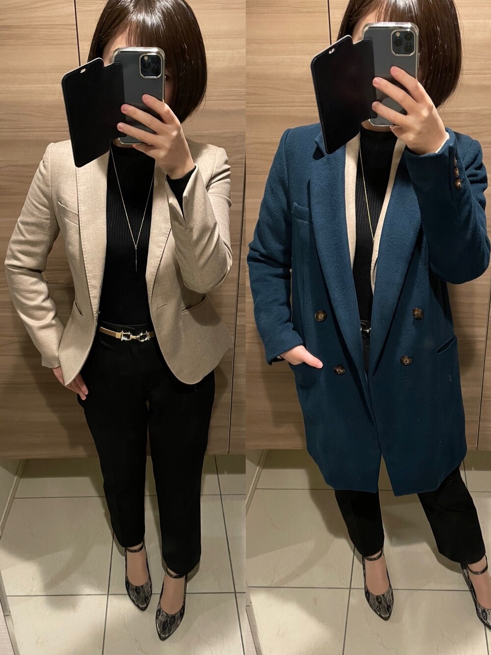 「オフィススタイル、オフィスカジュアル、仕事着、冬コーデ、UNIQLO」｜「UNIQLOのシャイニーリブハイネックセーター（長袖）（ニット/セーター、ブラック系）」を使った、UFOさん（レディース・156cm）の冬コーディネートの1枚目の写真