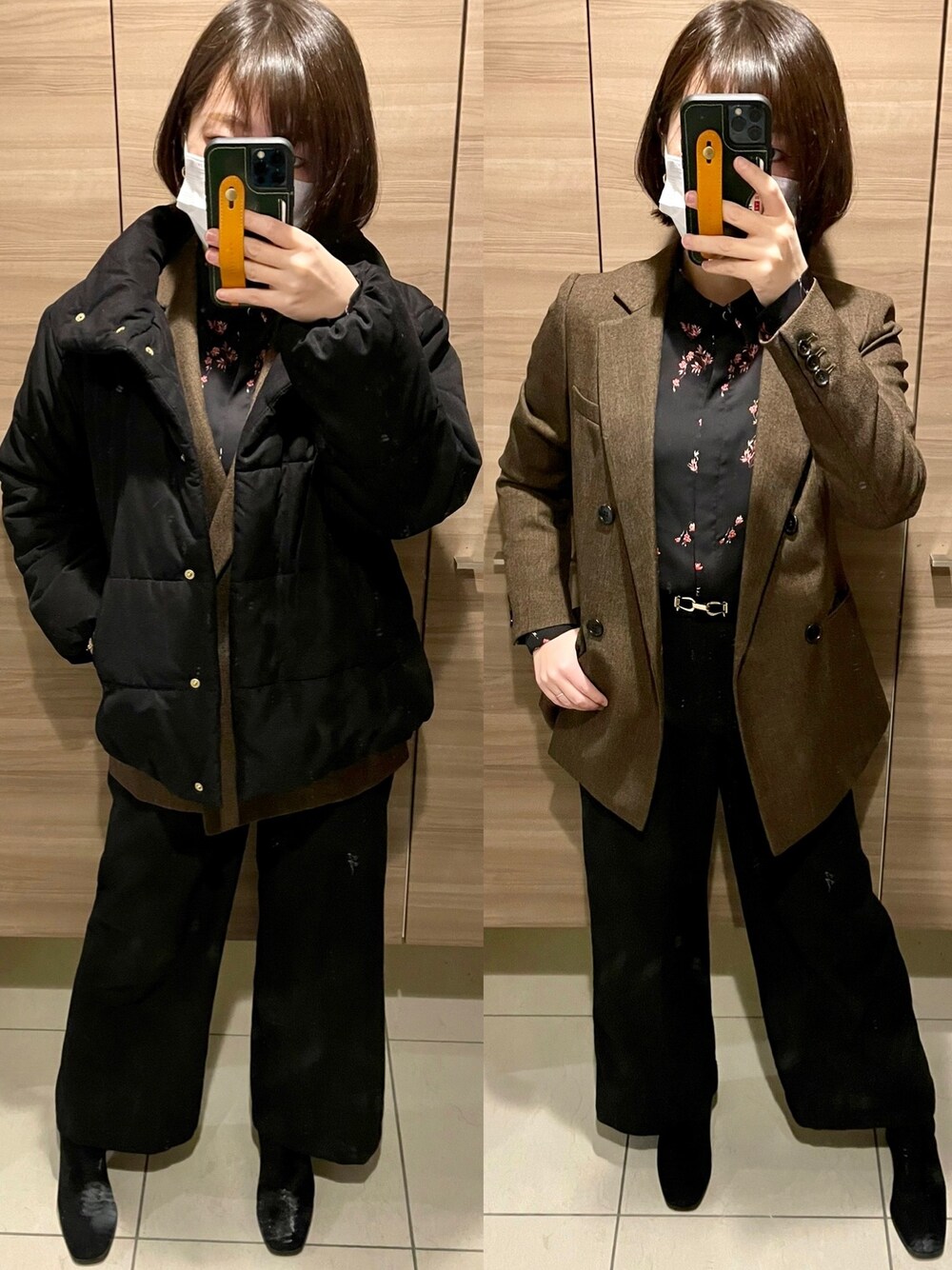 「オフィススタイル、オフィスカジュアル、UNIQLO、H&M、ダウンジャケット、ワイドパンツ」｜「H&Mのアイテム（シャツ/ブラウス、ブラック系）」を使った、UFOさん（レディース・156cm）の冬コーディネートの1枚目の写真