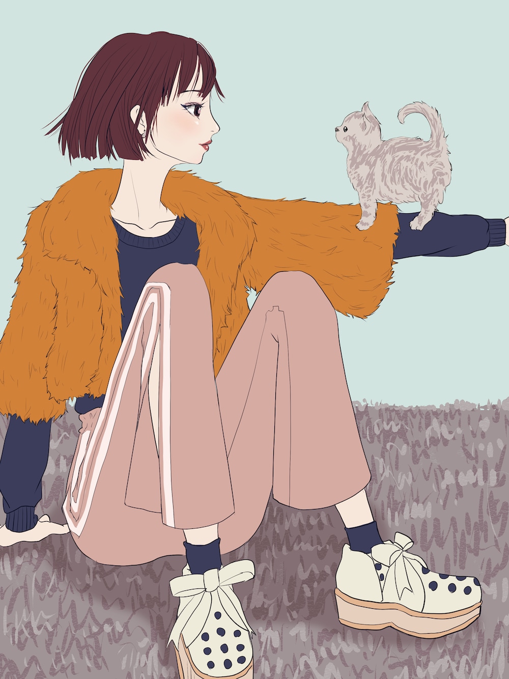 「Lily Brown、冬コーデ、Kastane、おかっぱ、ボブ、ベリーボタン、イラスト、ラインパンツ、スリットパンツ、イラストコーデ」｜「LILY BROWNのポンチョ風エコファーコート（ポンチョ、イエロー系）」を使った、Pokiさん（レディース・165cm）の冬コーディネートの1枚目の写真