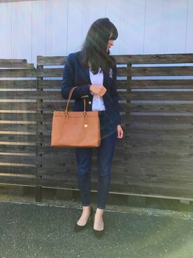 「T・S・L（ティーエスエル）のきれいめA4トートバッグ（トートバッグ、イエロー系）」を使った、mamiさん（レディース）の春コーディネート