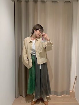 「グリーンスカート」｜「アイテム（ジャケット/アウター）」を使った、mai togoさん（レディース・156cm）の春コーディネート