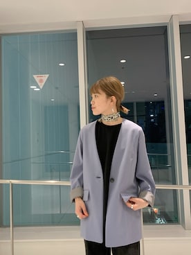 「パープル×黒」｜「アイテム（ノーカラージャケット）」を使った、mai togoさん（レディース・156cm）の夏コーディネート