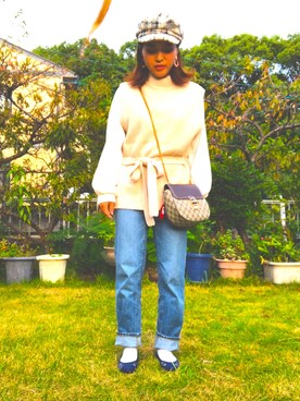 「GU（ジーユー）のアイテム（ベスト、ベージュ系）」を使った、koyuさん（レディース・148cm）の春コーディネート