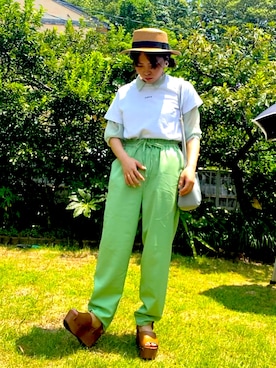 「coen（コーエン）のcoenチビロゴTシャツ（Tシャツ/カットソー、ホワイト系）」を使った、koyuさん（レディース・148cm）の夏コーディネート