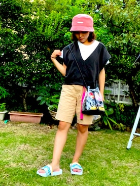 「coen（コーエン）のcoenチビロゴTシャツ（Tシャツ/カットソー、ホワイト系）」を使った、koyuさん（レディース・148cm）の夏コーディネート