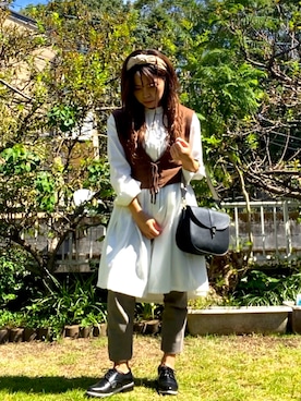 「しまむら（シマムラ）のアイテム（ベスト、ブラウン系）」を使った、koyuさん（レディース・148cm）の秋コーディネート