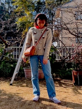 「GU（ジーユー）のアイテム（デニムパンツ、ブルー系）」を使った、koyuさん（レディース・148cm）の冬コーディネート