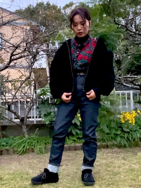 「EDWIN（エドウィン）のアイテム（デニムパンツ、ブルー系）」を使った、koyuさん（レディース・148cm）の冬コーディネート