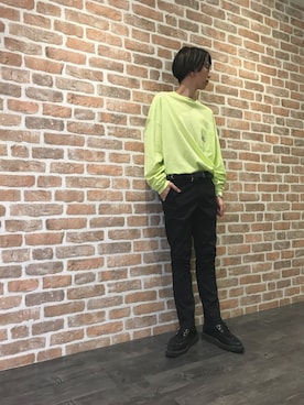 「WHITELAND（ホワイトランド）のWHITELAND/ホワイトランド/POCKET LONGSLEEVE（Tシャツ/カットソー、イエロー系）」を使った、Dsuke kobayashiさん（メンズ・177cm）の夏コーディネート