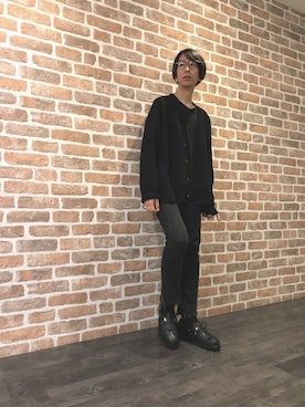 「WHITELAND（ホワイトランド）のWhiteland/ホワイトランド/Doubl Jacquard カーディガン（カーディガン/ボレロ、ブラック系）」を使った、Dsuke kobayashiさん（メンズ・177cm）の秋コーディネート
