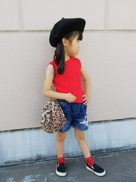 「レッド」｜「アイテム（スリッポン）」を使った、Nanana さん（キッズ・100cm）の夏コーディネート