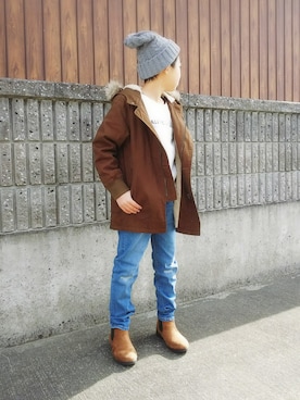 「BRANSHES（ブランシェス）のアイテム（モッズコート）」を使った、Nanana さん（キッズ・133cm）の冬コーディネート