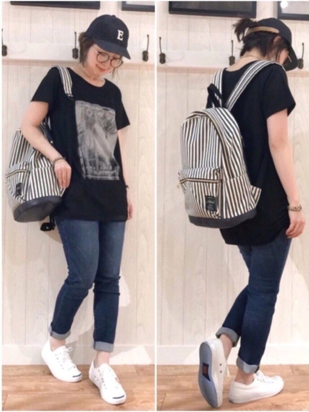 ホワイト系のTシャツ/カットソー、ブルー系のバックパック/リュック、ブルー系のデニムパンツを着用したレディースの春コーディネートの1枚目の写真