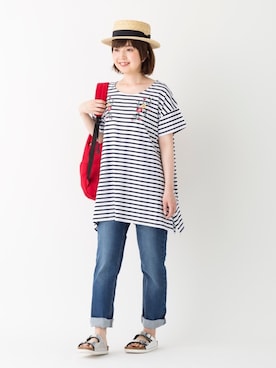 「ボーダートップス」｜「アイテム（チュニック）」を使った、リナさん（レディース・160cm）の夏コーディネート