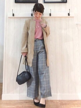 「グレンチェック」｜「アイテム（ノーカラージャケット）」を使った、リナさん（レディース・160cm）の冬コーディネート