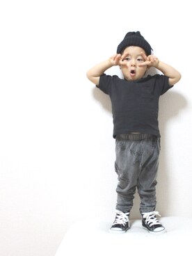 「コンバース ハイカット」｜「アイテム（ニットキャップ/ビーニー）」を使った、IORI☺︎さん（キッズ・90cm）の秋コーディネート