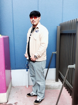 「ストライプパンツ」｜「アイテム（ミリタリージャケット）」を使った、🔥タカヤン🔥さん（メンズ・177cm）の冬コーディネート