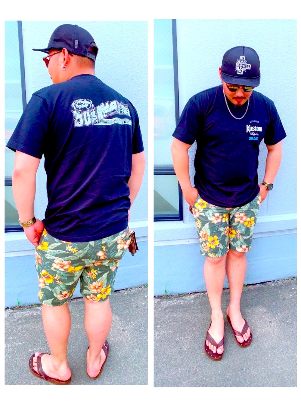 「KUSTOMSTYLE、Tシャツ、短パン、夏コーデ、ビーチサンダル、キャップ、サングラス、ootd、いいね、save、フォローお願いします🤑」｜「Kustomstyle So.Calのアイテム（キャップ、ブラック系）」を使った、🔥タカヤン🔥さん（メンズ・176cm）の秋コーディネートの1枚目の写真