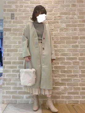 「ミントグリーン」｜「アイテム（ノーカラージャケット）」を使った、おみぃさん（レディース・157cm）の秋コーディネート