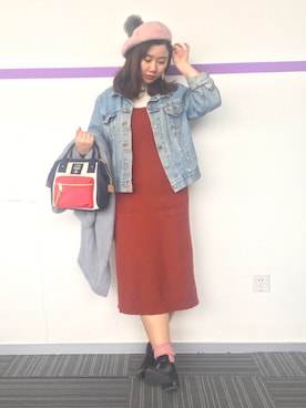 「MONKI（モンキ）のアイテム（帽子）」を使った、魏单纯さん（レディース・161cm）の冬コーディネート