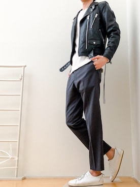 「SAINT LAURENT PARIS（サンローランパリ）のアイテム（ライダースジャケット）」を使った、ゆうさん（メンズ・183cm）の春コーディネート