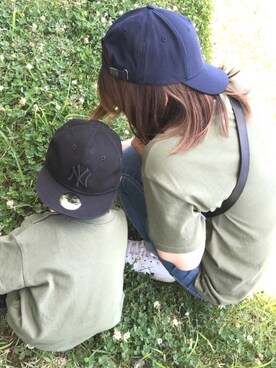 「TOMMY HILFIGER（トミーヒルフィガー）のアイテム（帽子）」を使った、‍も‍も‍かさん（キッズ・90cm）の秋コーディネート