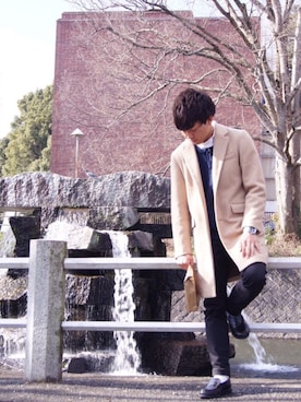 「SENSE OF PLACE by URBAN RESEARCH（センスオブプレイスバイアーバンリサーチ）のチェスターコート（チェスターコート、イエロー系）」を使った、Kenichℹ︎さん（メンズ・170cm）の冬コーディネート